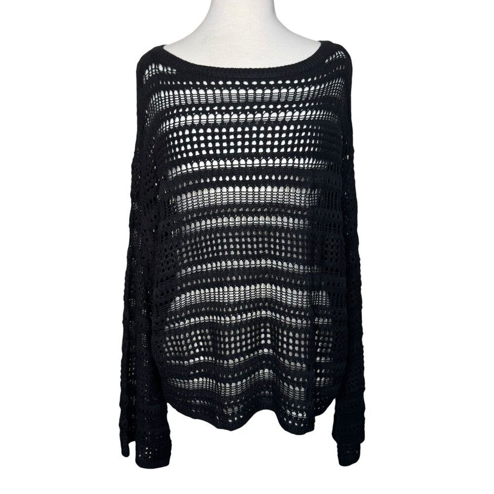 Torrid Womens Open Stitch Pullover Sweater Bell Sleeves Boat Neck Size 2X Black